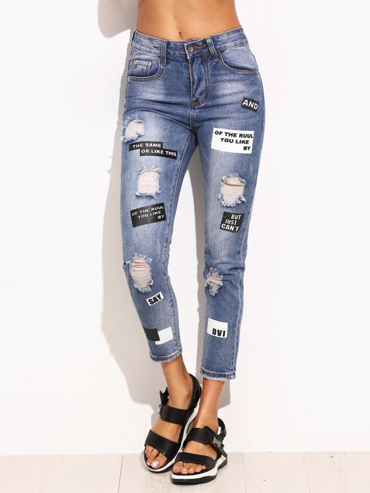 Shein Blue Ripped Letter Print Skinny Ankle Jeans