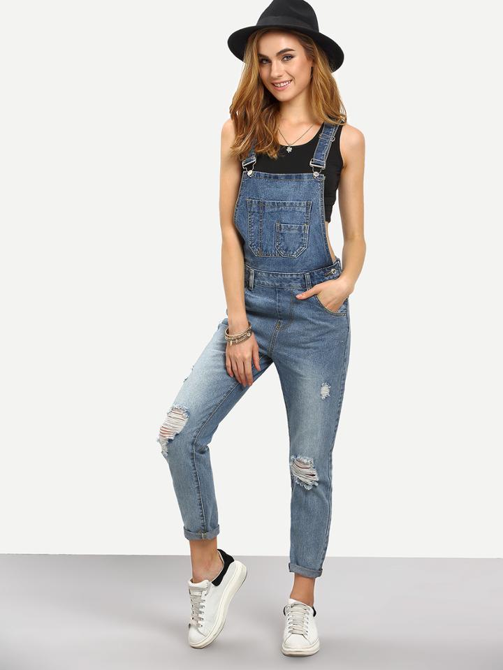Shein Ripped Stone Wash Denim Overall Jeans