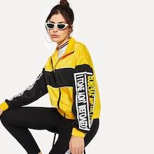Shein Zip Front Colorblock Letter Coat