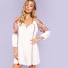 Shein Pompom Tie Neck Embroidered Mesh Raglan Sleeve Dress