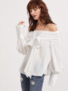 Shein White Bow Tie Front Off The Shoulder Wide Buttoned Cuff Top