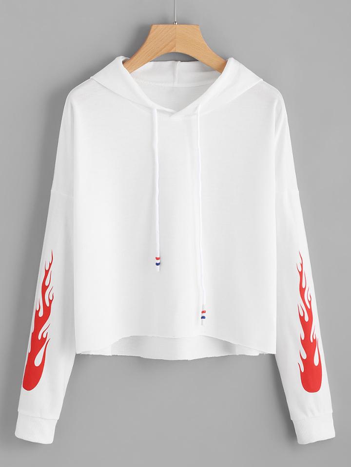 Shein Fire Pattern Raw Hem Crop Hoodie