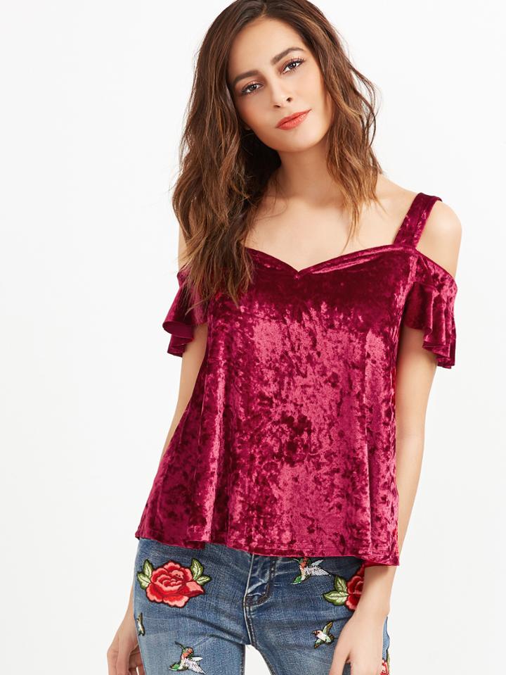 Shein Burgundy Cold Shoulder Ruffle Sleeve Velvet Top
