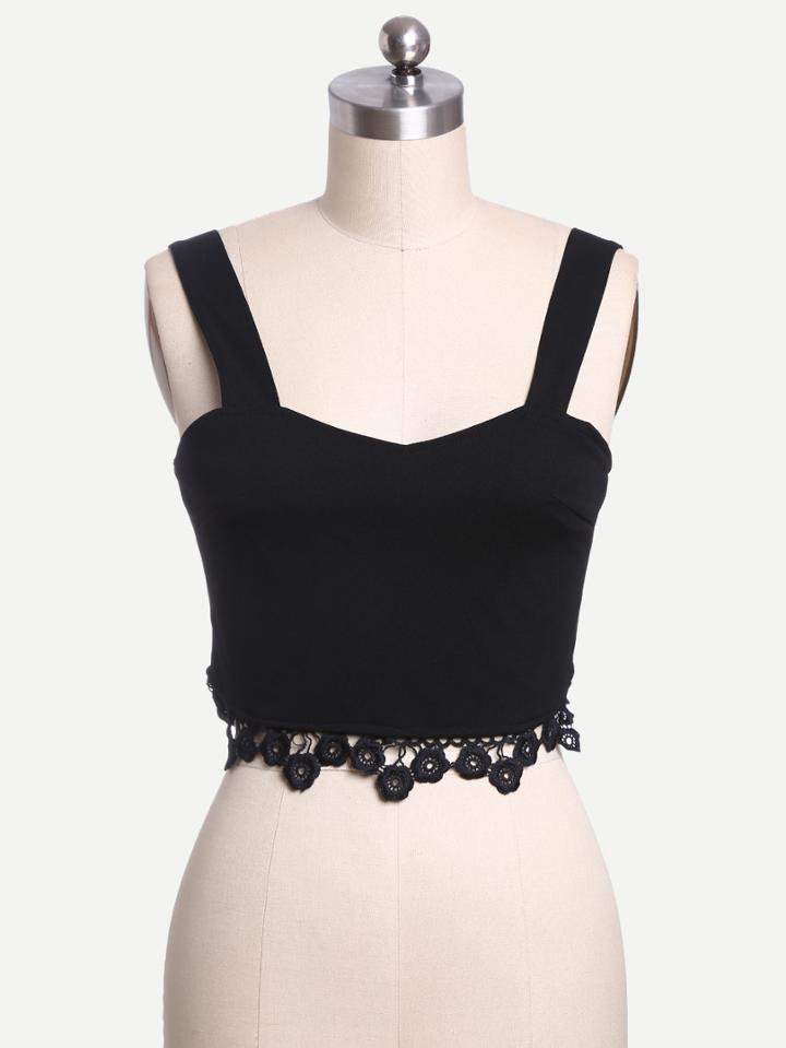 Shein Black Straps Crochet Hem Cami Top