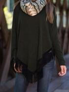 Shein Army Green Round Neck Asymmetrical Tassel T-shirt