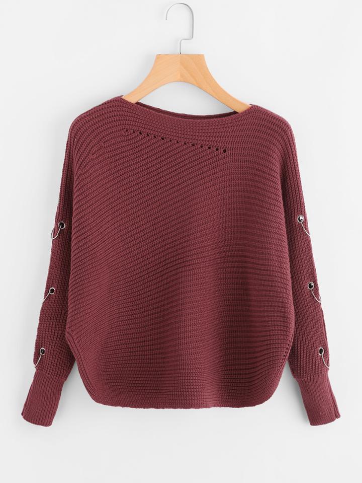 Shein Grommet O-ring Detail Curved Hem Sweater