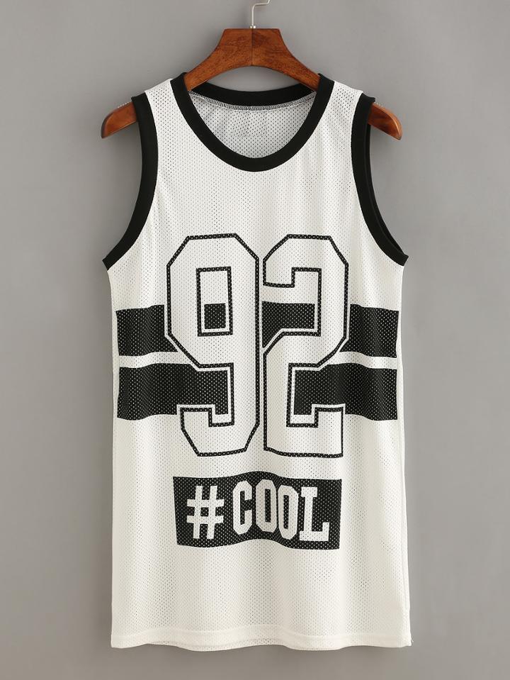 Shein Contrast Trim Varsity Print Long Mesh Tank Top