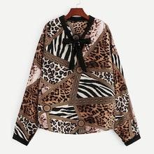 Shein Plus Cheetah Print Bow Front Blouse