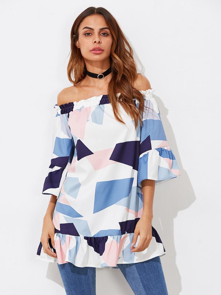 Shein Bardot Frill Trim Abstract Geo Print Top