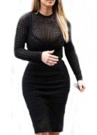 Rosewe Fabulous Long Sleeve Solid Black Dress With Fishnet Design