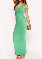 Rosewe Twist Design V Neck Sleeveless Green Dress