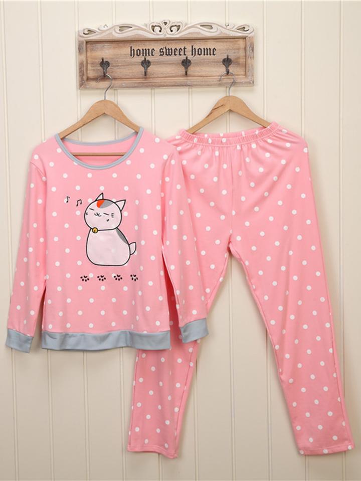 Shein Polka Dot Cat Print Pullover & Pants Pj Set