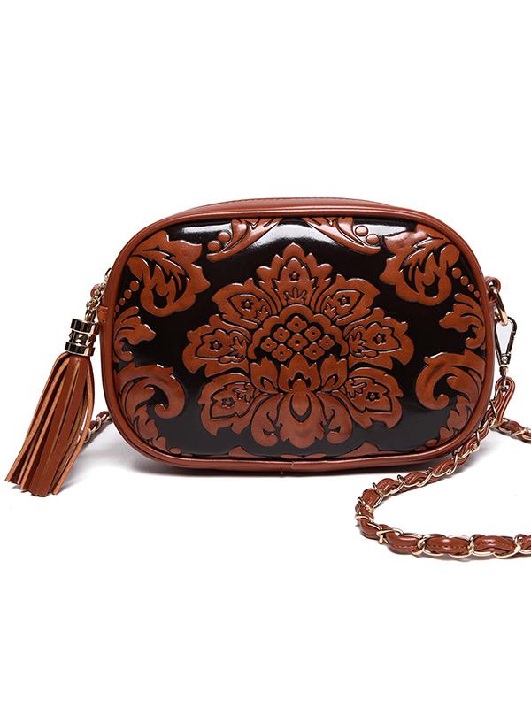 Shein Flower Embossed Tassel Zip Chain Strap Bag - Brown