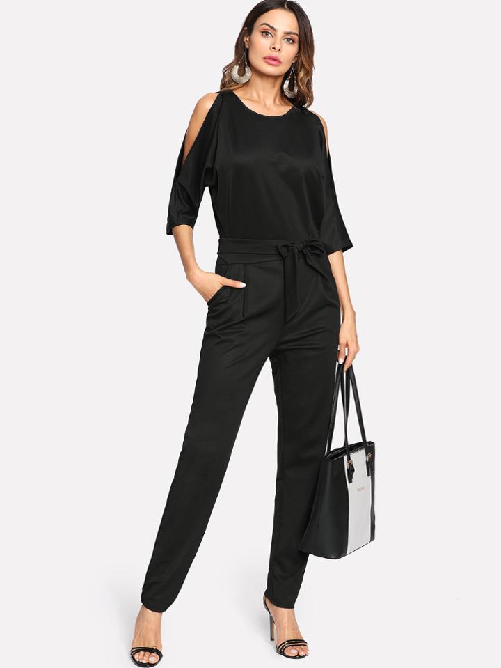 Shein Split Sleeve Tie Waist Jumpsuit