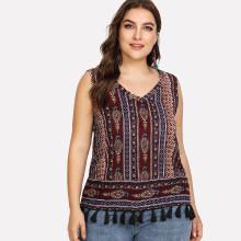 Shein Plus Tassel Hem Tribal Print Shell Top