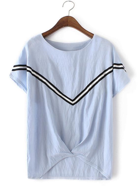 Shein Blue Stripe Trim High Low Blouse