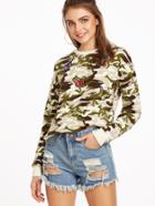 Shein Olive Green Camo Print Sweatshirt With Butterfly Patch