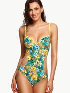 Shein Green Tropical Print Cutout One Piece Swimwear