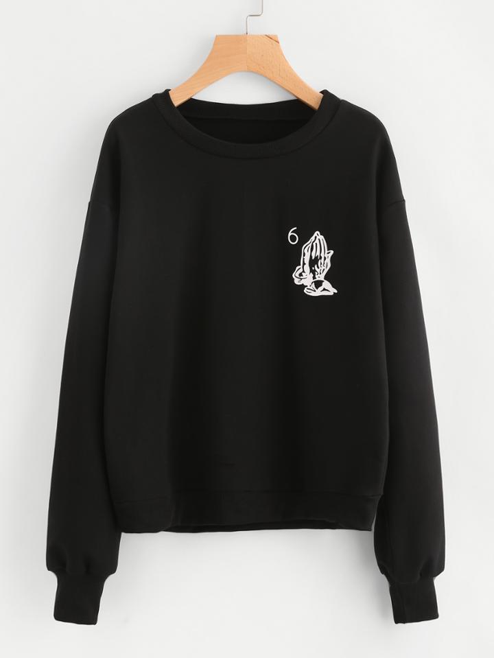 Shein Praying Hands Print Ribbed Trim Sweatshirt