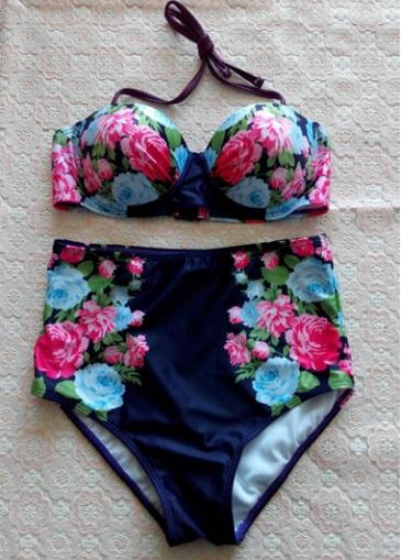 Rosewe Halter Neck Print Design Navy Blue Bikini