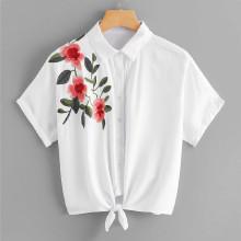 Shein Flower Embroidered Knot Hem Blouse