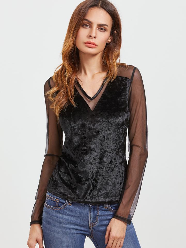 Shein Black V Neck Mesh Shoulder Velvet T-shirt