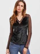 Shein Black V Neck Mesh Shoulder Velvet T-shirt