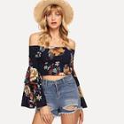 Shein Layered Flounce Sleeve Shirred Panel Bardot Crop Top