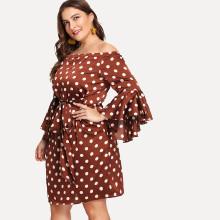 Shein Plus Trumpet Sleeve Belted Polka Dot Bardot Dress