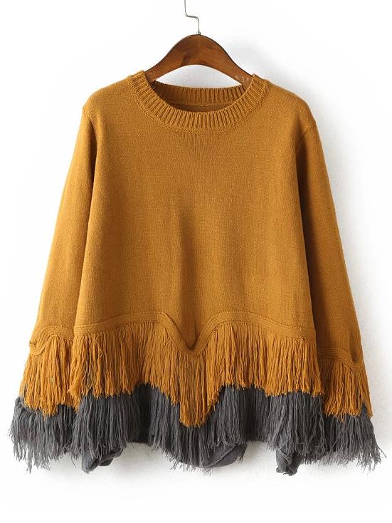 Shein Yellow Crew Neck Tassel Loose Sweater
