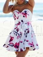 Shein White Strapless Backless Bandeau Flowery Floral Print Flare Dress