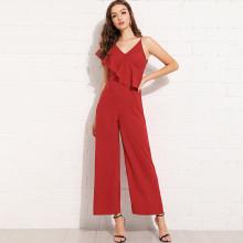 Shein Ruffle Trim Zip Back Wide Leg Jumpsuit