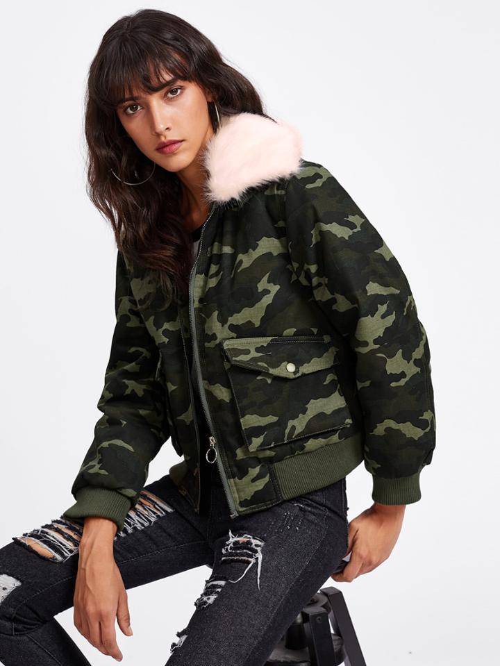 Shein Camo Contrast Faux Fur Coat