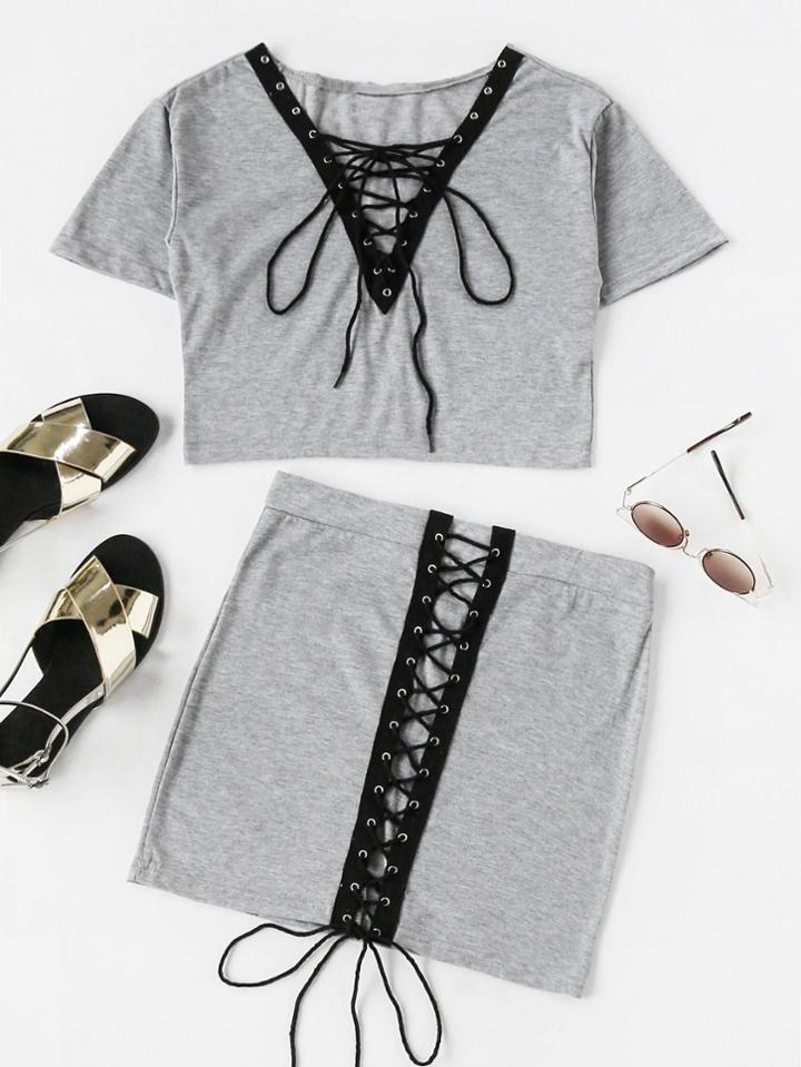 Shein Plunging V-neckline Eyelet Lace Up Front Crop Top With Skirt