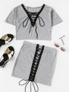 Shein Plunging V-neckline Eyelet Lace Up Front Crop Top With Skirt