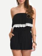 Shein Lace Trimmed Ruffled Belted Strapless Black Jumpsuit