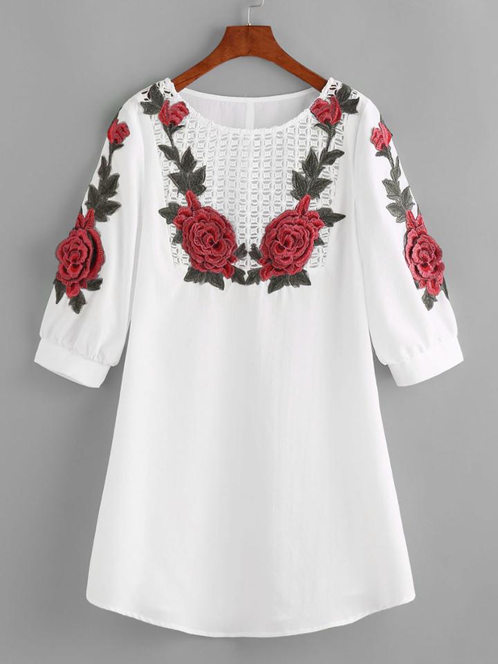 Shein Crochet Yoke Rose Applique Lantern Sleeve Dress