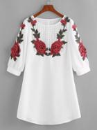 Shein Crochet Yoke Rose Applique Lantern Sleeve Dress