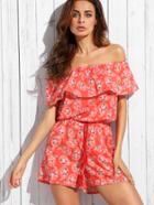 Shein Red Paisley Print Ruffle Off The Shoulder Romper