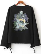 Shein Black Printed Tie Sleeve Sweatshirt