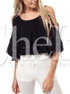 Shein Black Cold Shoulder Pleated Ruffle Blouse