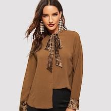 Shein Button Front Tie Neck Velvet Shirt