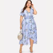 Shein Plus Ruffle Trim Floral & Striped Wrap Dress With Belt