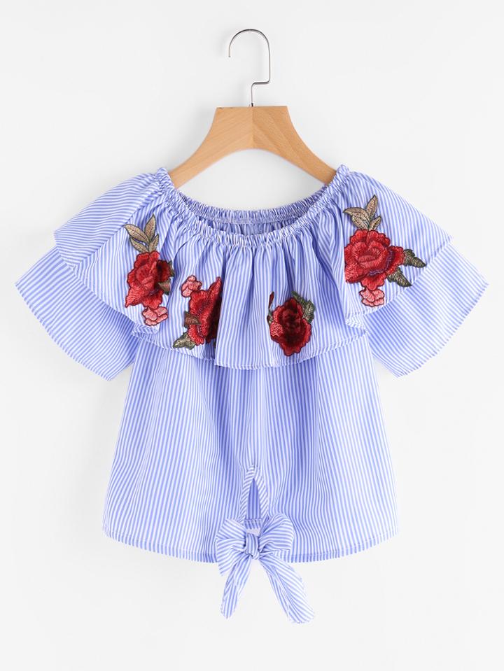 Shein Flounce Layered Appliques Bow Tie Hem Top