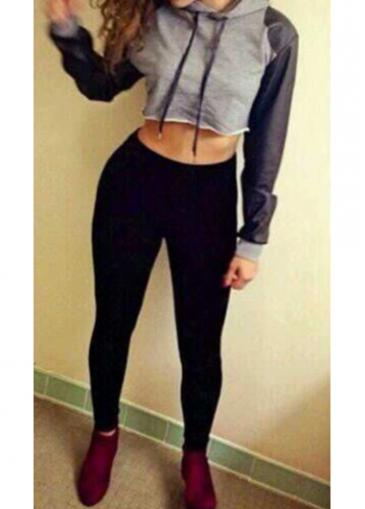 Rosewe Hooded Collar Pu Patchwork Sleeve Crop Sweats