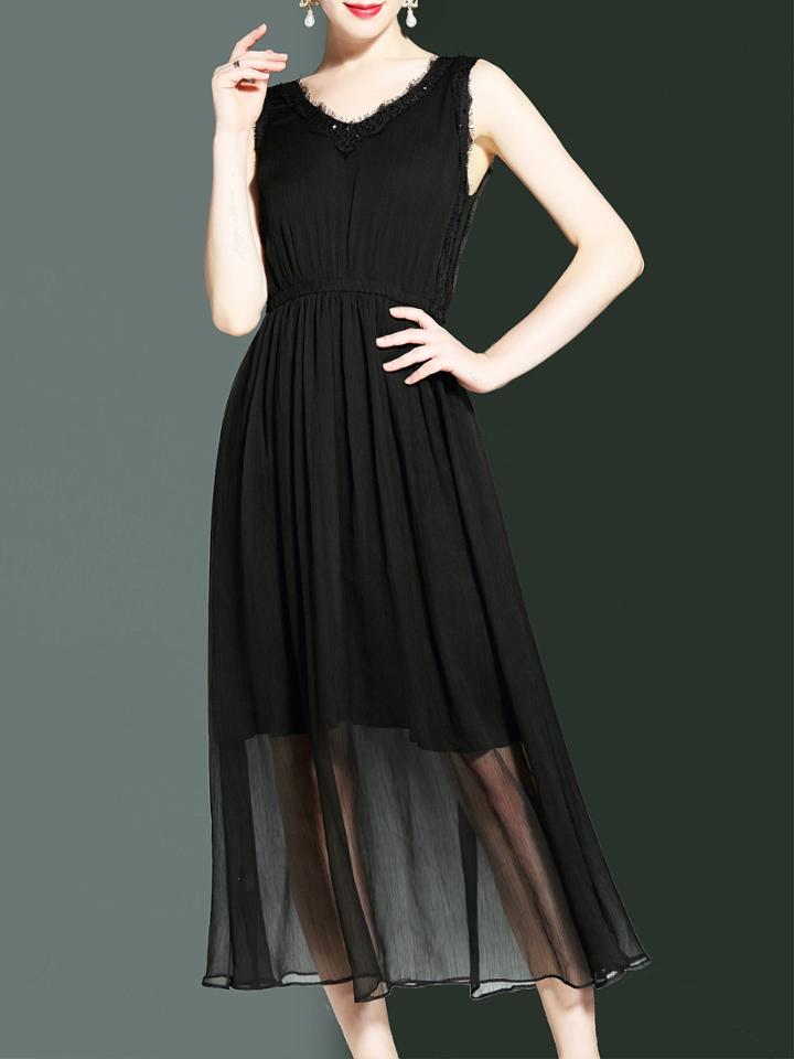 Shein V Neck Backless Beading Sheer Dress