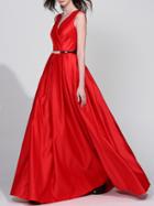 Shein Red V Neck Backless Belted Maxi Dress