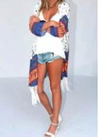 Rosewe Tribal Print Fringe Embellished Long Cardigan