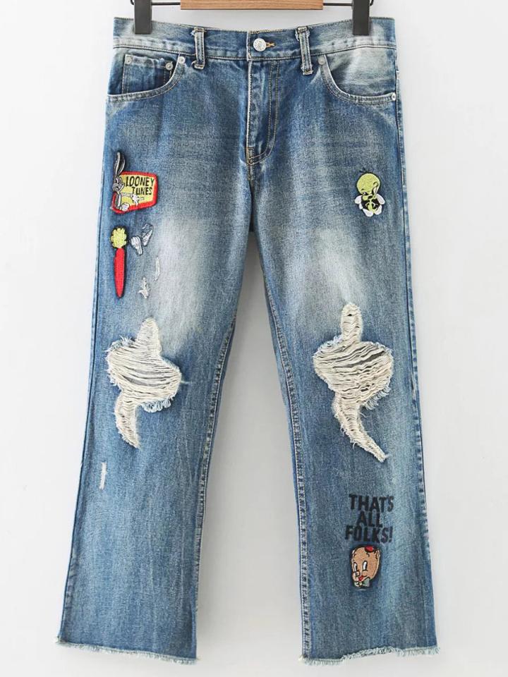 Shein Blue Cartoon Embroidery Ripped Denim Pants