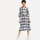 Shein Floral Embroidered Button Half Placket Plaid Dress